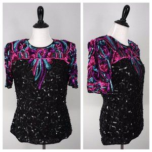 Vtg DOMINIQUE Multicolor Pink Black Blue Silk Sequin Short Sleeve Party Top Sz M